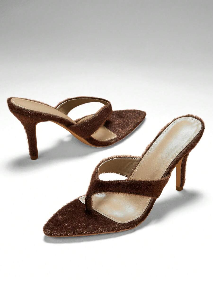 Women's minimalist black PU leather thong heel sandals featuring kitten heels and rhinestone accents