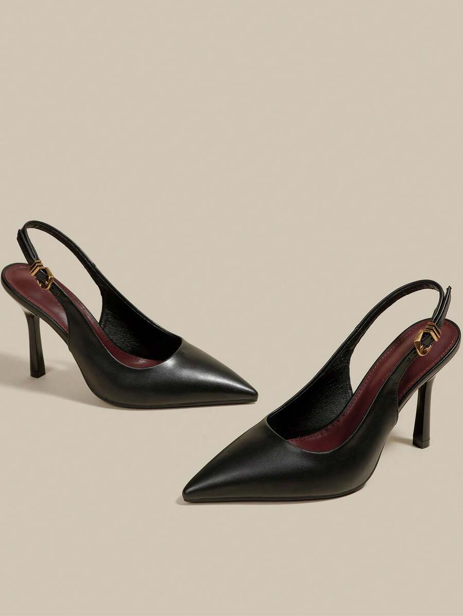 Women's pointed toe kitten heel pumps with adjustable buckle back strap and sleek patent finish.