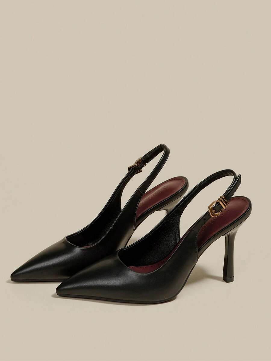 Women's pointed toe kitten heel pumps with adjustable buckle back strap and sleek patent finish.