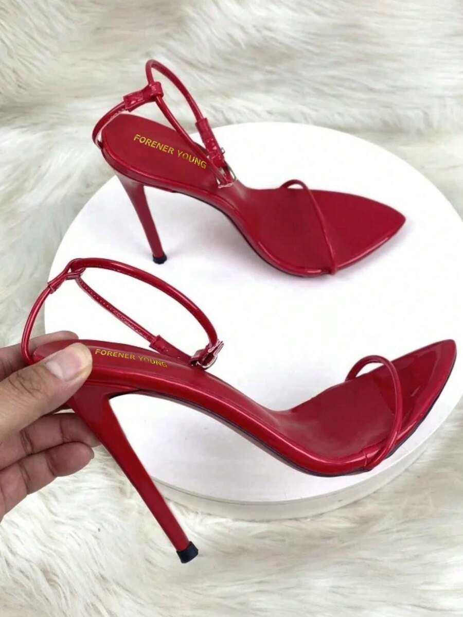 Women's high stiletto heel strap sandals featuring a sleek 12cm thin metal heel and PU leather buckle straps.