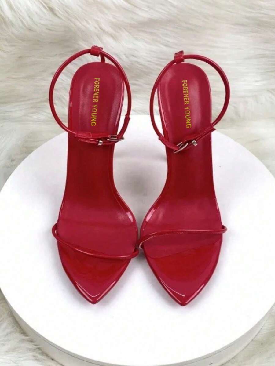Women's high stiletto heel strap sandals featuring a sleek 12cm thin metal heel and PU leather buckle straps.