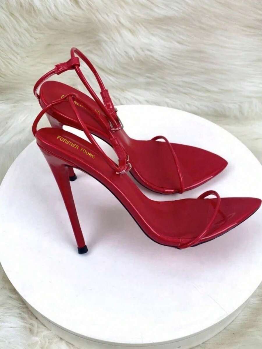 Women's high stiletto heel strap sandals featuring a sleek 12cm thin metal heel and PU leather buckle straps.
