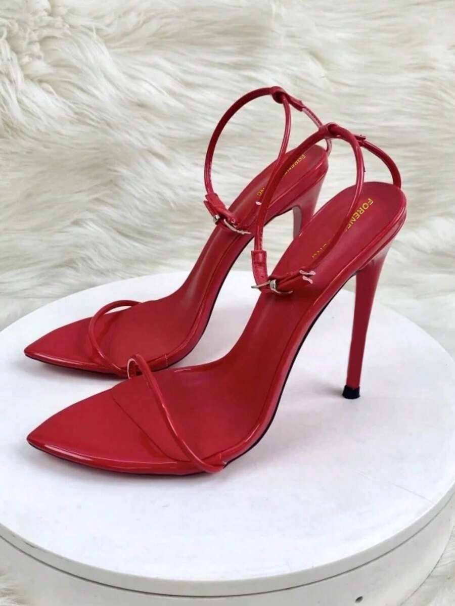 Women's high stiletto heel strap sandals featuring a sleek 12cm thin metal heel and PU leather buckle straps.