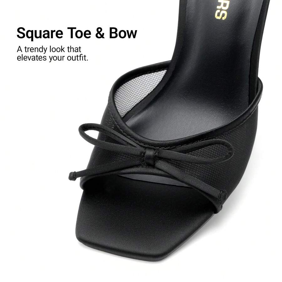 Women's open toe stiletto mule sandals featuring a breathable mesh upper with a decorative bow and square toe design.