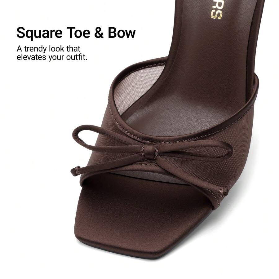 Women's open toe stiletto mule sandals featuring a breathable mesh upper with a decorative bow and square toe design.