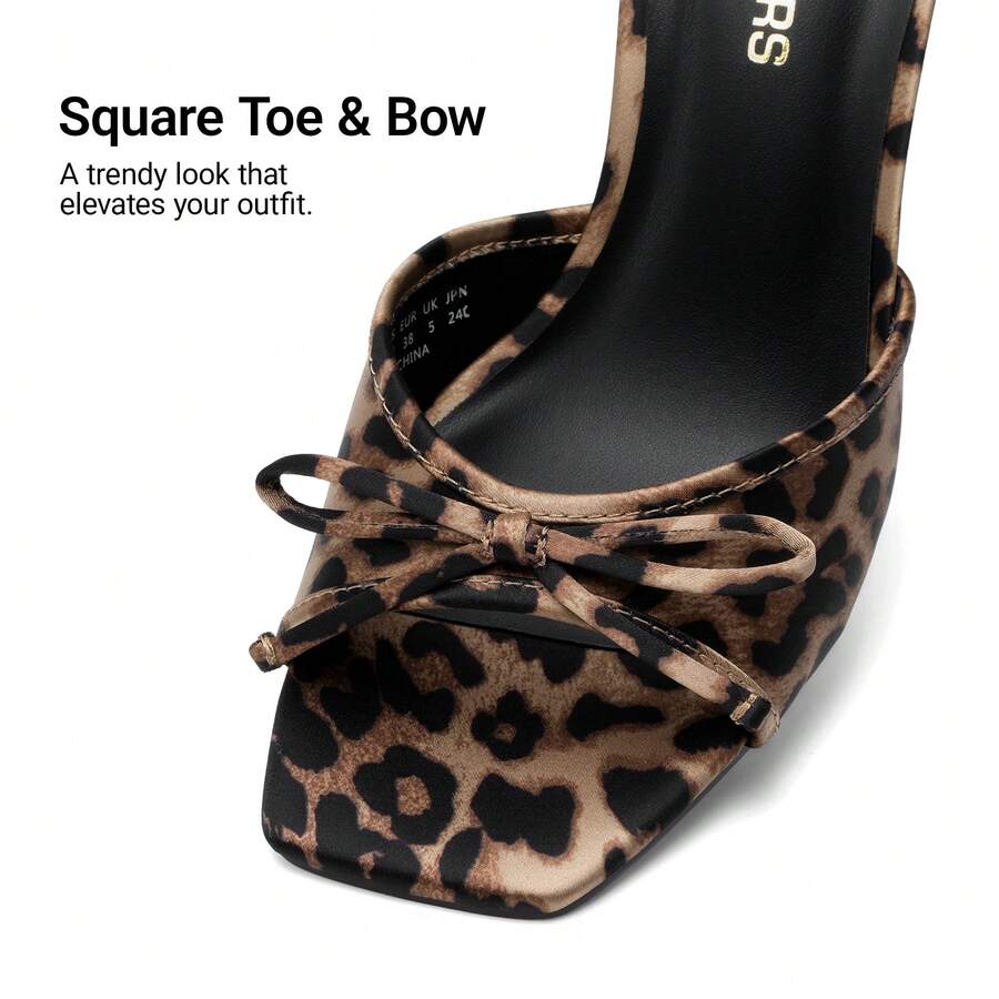 Women's open toe stiletto mule sandals featuring a breathable mesh upper with a decorative bow and square toe design.