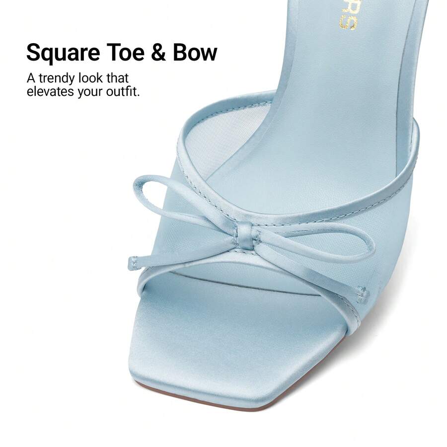 Women's open toe stiletto mule sandals featuring a breathable mesh upper with a decorative bow and square toe design.