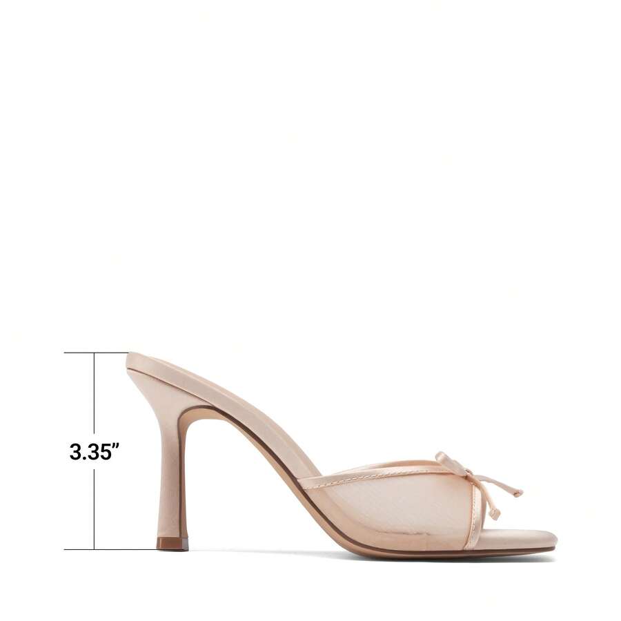 Women's open toe stiletto mule sandals featuring a breathable mesh upper with a decorative bow and square toe design.