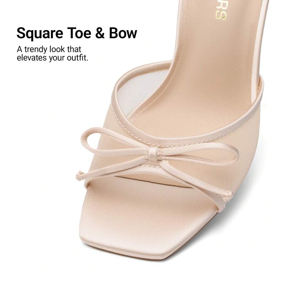 Women's open toe stiletto mule sandals featuring a breathable mesh upper with a decorative bow and square toe design.