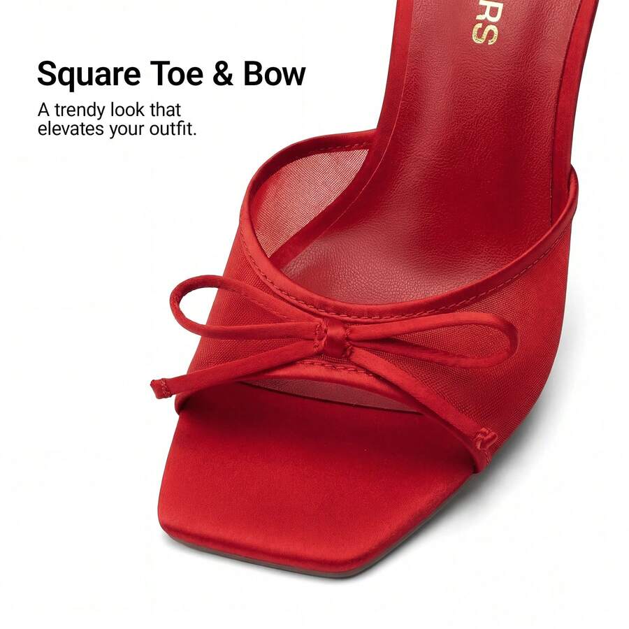 Women's open toe stiletto mule sandals featuring a breathable mesh upper with a decorative bow and square toe design.