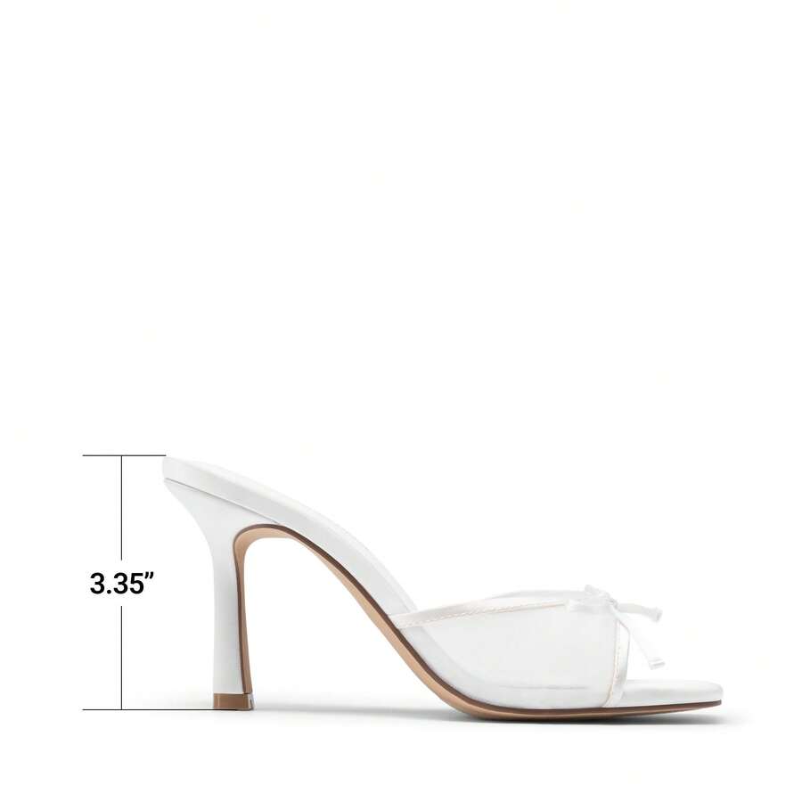 Women's open toe stiletto mule sandals featuring a breathable mesh upper with a decorative bow and square toe design.