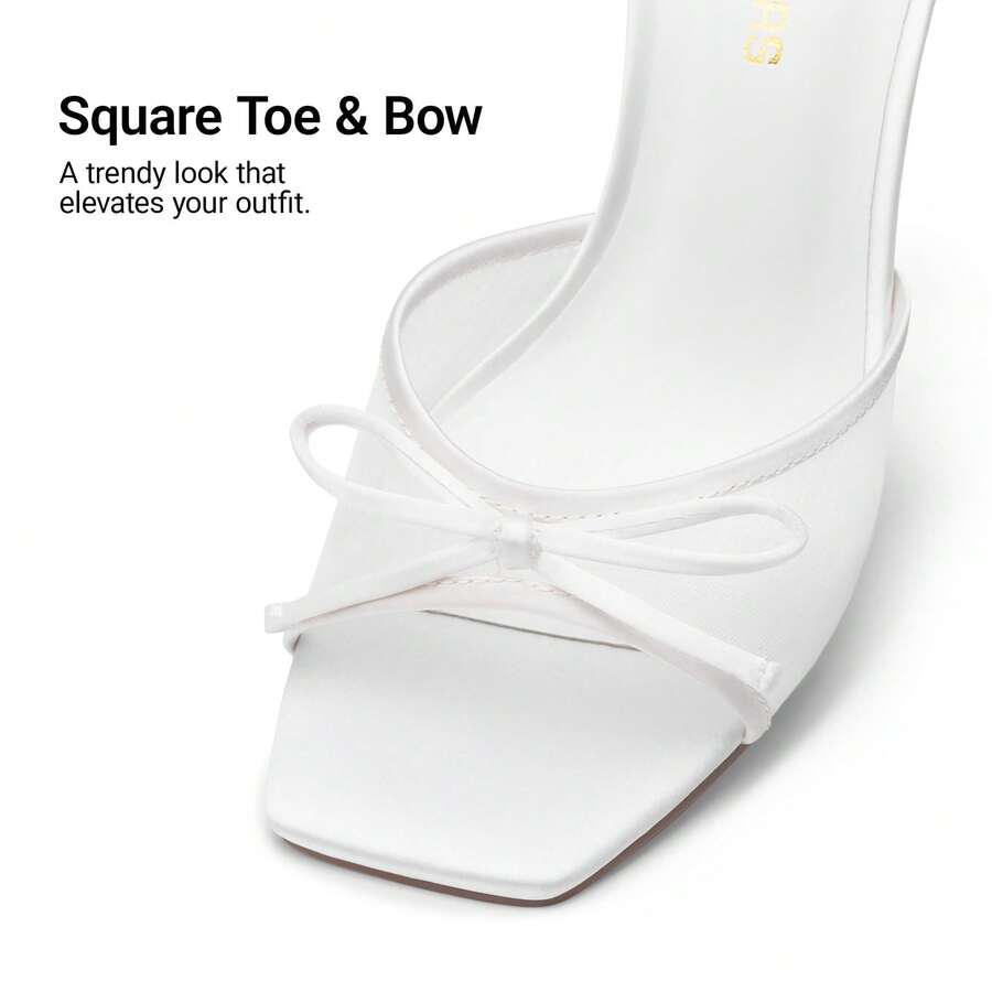 Women's open toe stiletto mule sandals featuring a breathable mesh upper with a decorative bow and square toe design.