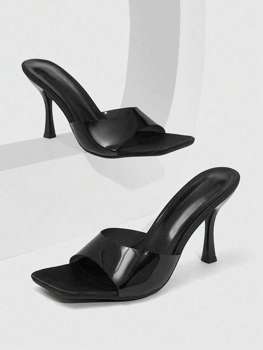 Women's open square toe slender high heel sandals with slingback strap and metal buckle detailing.