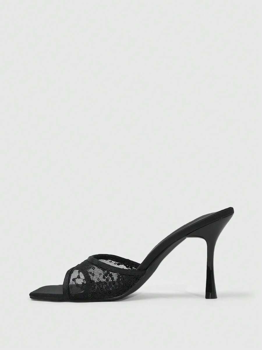 Lace square toe open toe stiletto high heel sandals with sparkling rhinestone ankle strap chain
