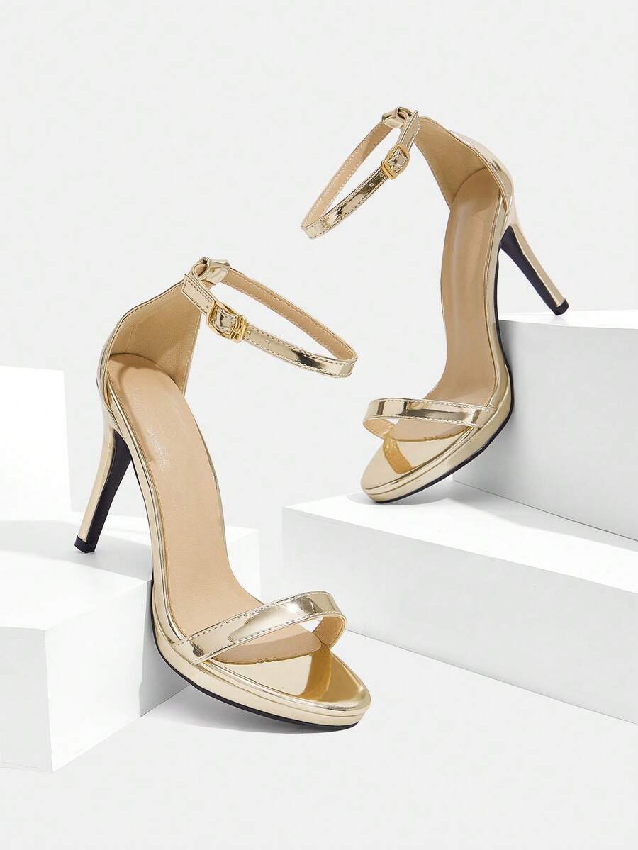 Women's open toe stiletto heeled sandals with ankle strap buckle closure