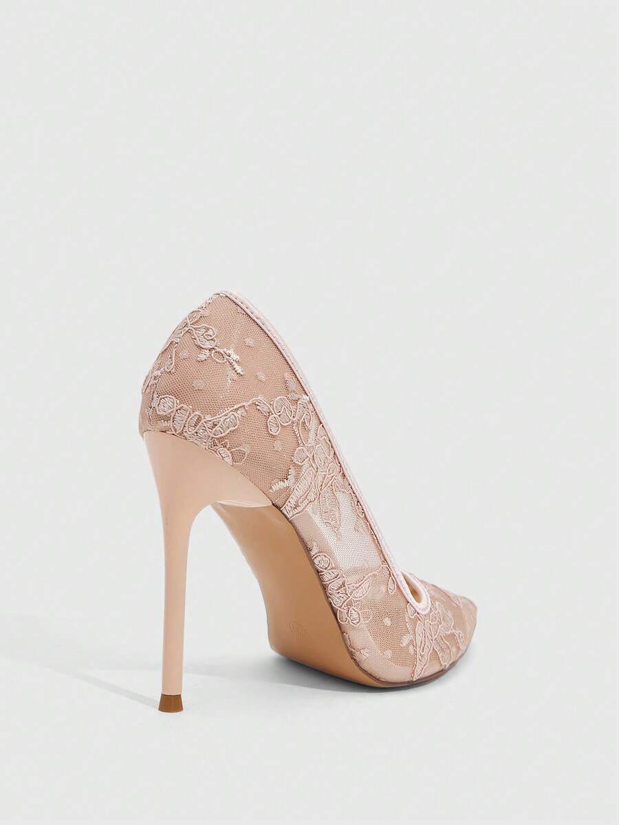 Women's pointed clear lace heels with contrast mesh, floral embroidery, and stiletto high heel with buckle strap.