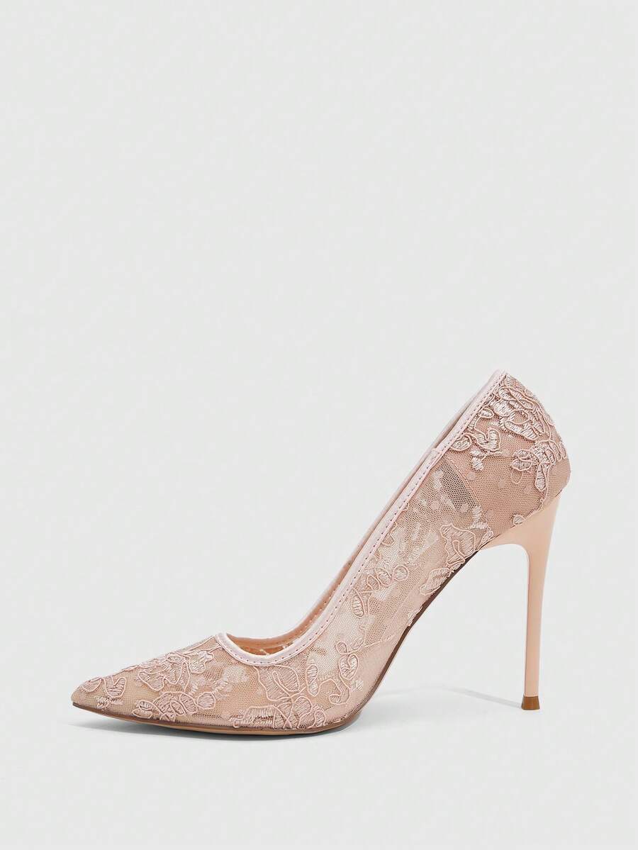 Women's pointed clear lace heels with contrast mesh, floral embroidery, and stiletto high heel with buckle strap.