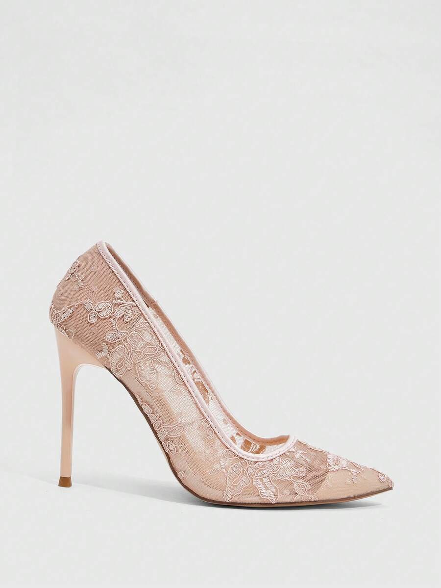 Women's pointed clear lace heels with contrast mesh, floral embroidery, and stiletto high heel with buckle strap.