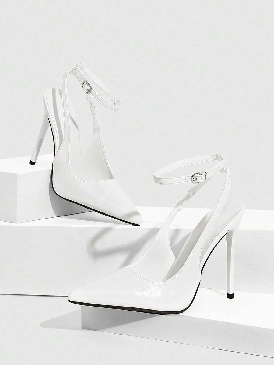 Pointed toe stiletto high heels with slingback silhouette and adjustable buckle ankle strap.