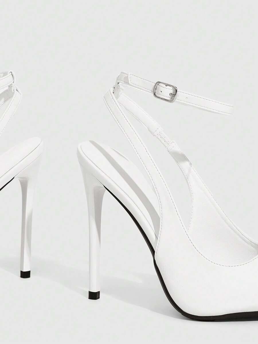 Pointed toe stiletto high heels with slingback silhouette and adjustable buckle ankle strap.
