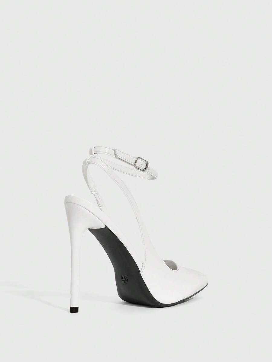 Pointed toe stiletto high heels with slingback silhouette and adjustable buckle ankle strap.