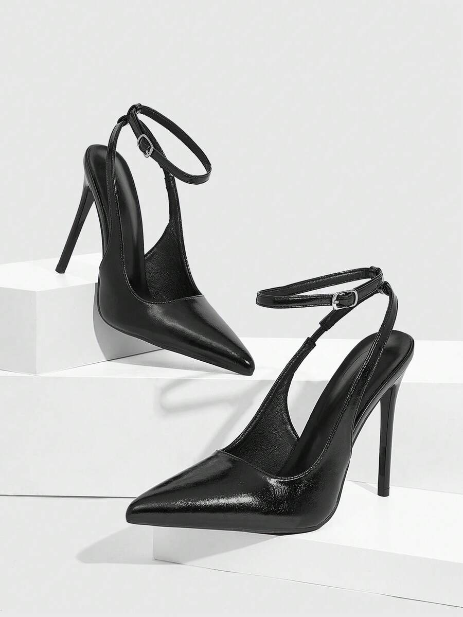 Pointed toe stiletto high heels with slingback silhouette and adjustable buckle ankle strap.