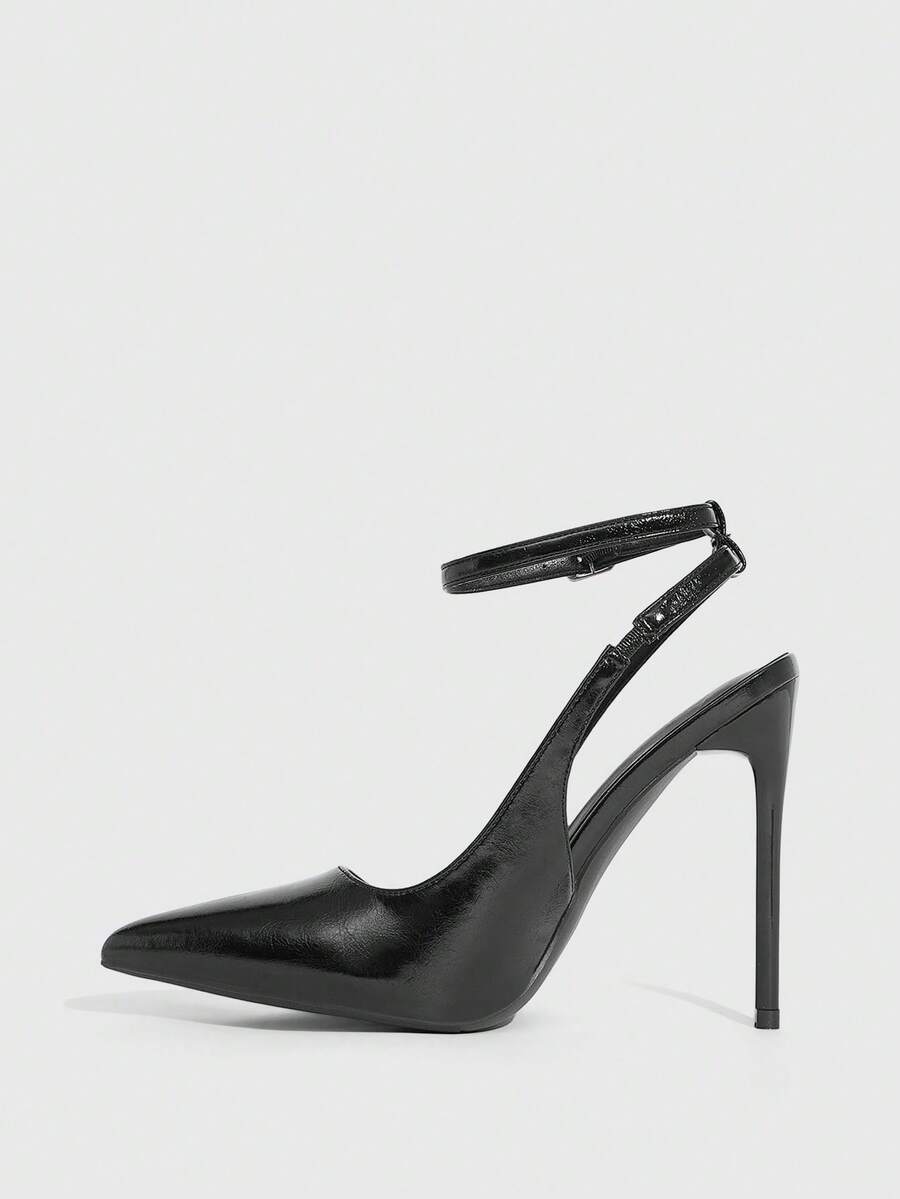 Pointed toe stiletto high heels with slingback silhouette and adjustable buckle ankle strap.