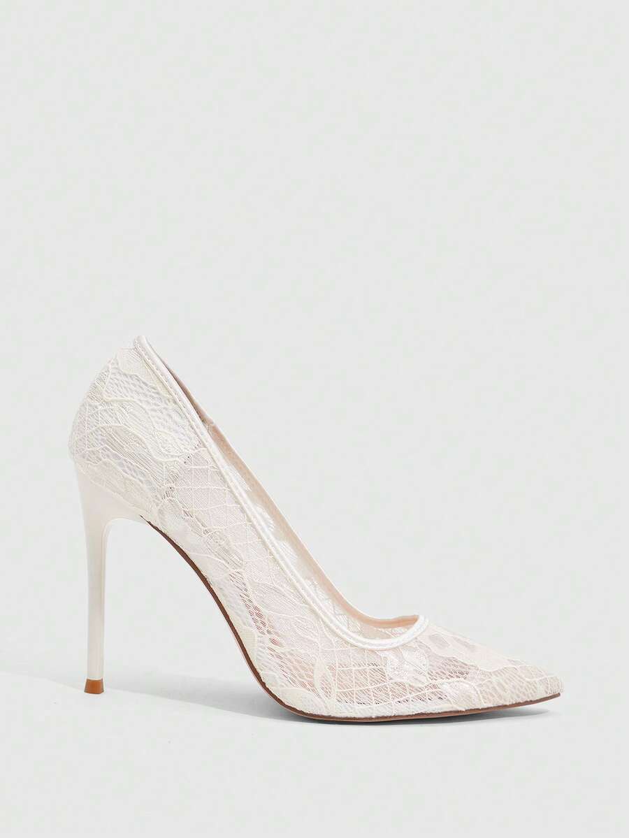 Women's pointed clear lace heels with contrast mesh, floral embroidery, and stiletto high heel with buckle strap.