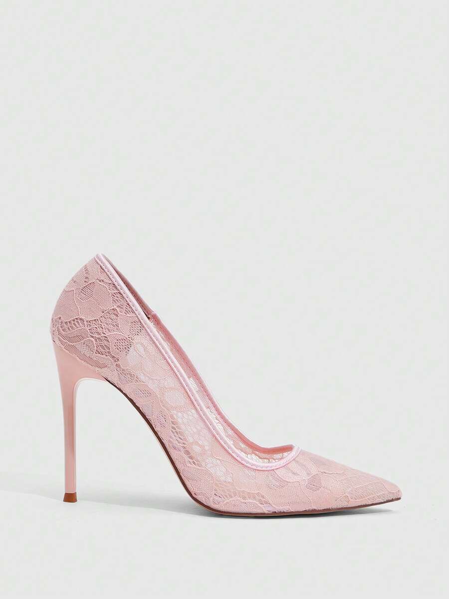 Women's pointed clear lace heels with contrast mesh, floral embroidery, and stiletto high heel with buckle strap.