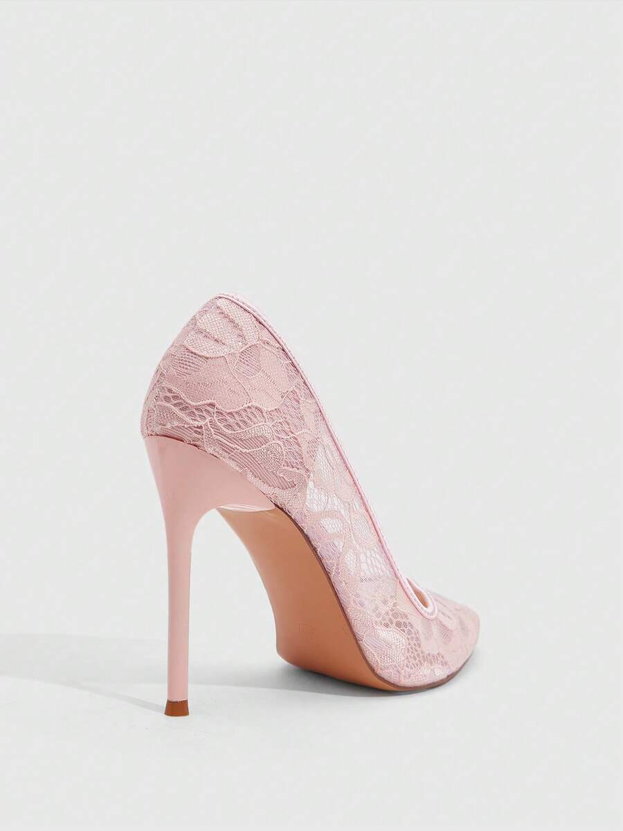 Women's pointed clear lace heels with contrast mesh, floral embroidery, and stiletto high heel with buckle strap.