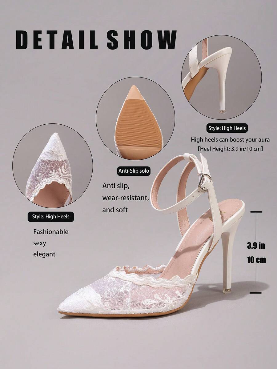 Lace embroidered high heels with thin stiletto heel, pointed toe, rhinestone embellishments, and ankle strap buckle closure.