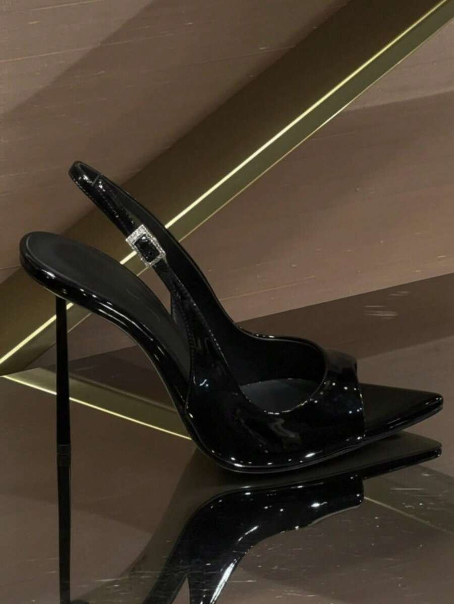Pointed toe stiletto high heel pumps with sleek low vamp and sparkling rhinestone buckle slingback strap
