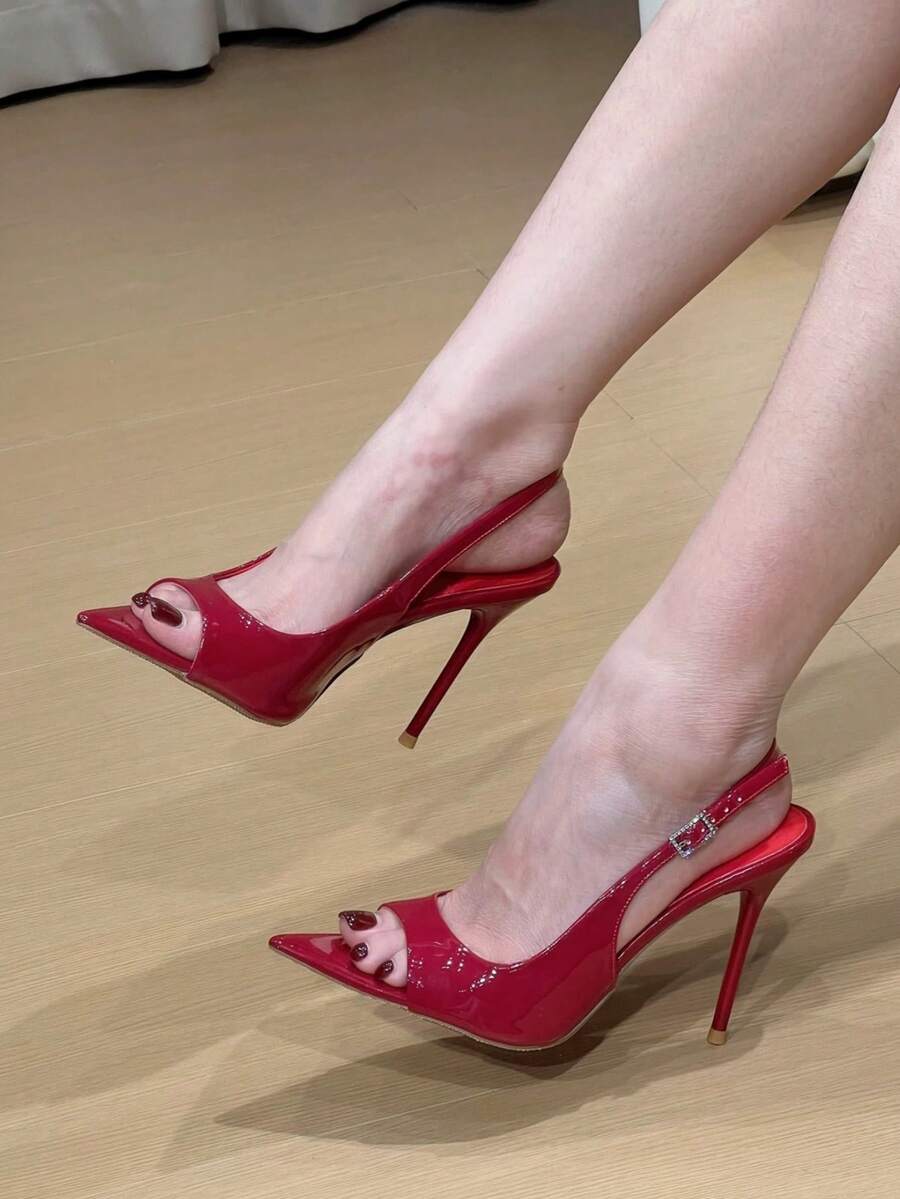 Pointed toe stiletto high heel pumps with sleek low vamp and sparkling rhinestone buckle slingback strap