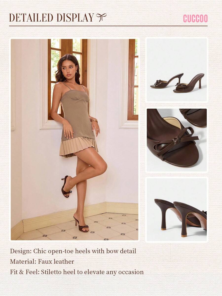 Women's black open-toe stiletto mule high heel sandals with bow detail