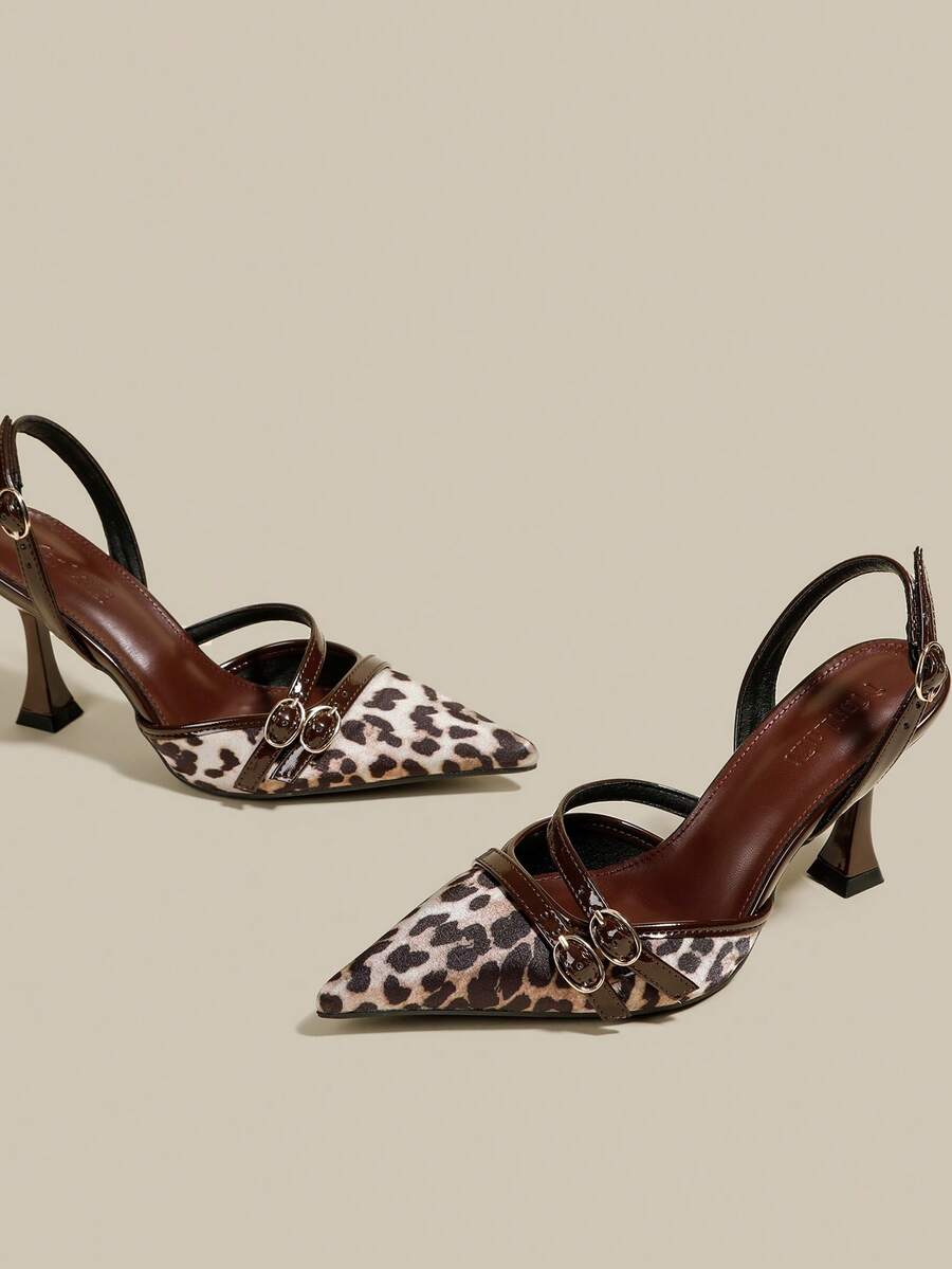 Women's coffee brown patent leather slingback pumps with pointed closed toe and sculpted wine glass high heel.