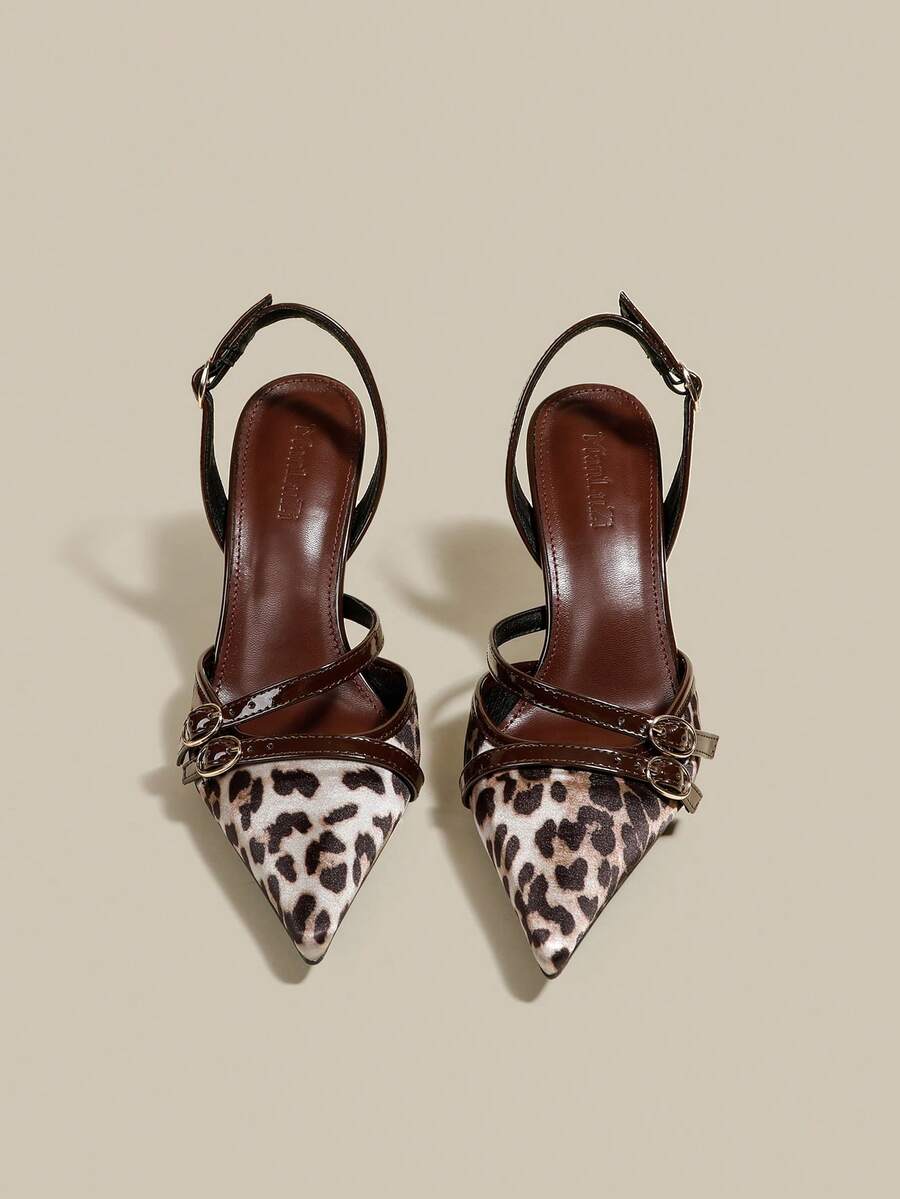 Women's coffee brown patent leather slingback pumps with pointed closed toe and sculpted wine glass high heel.