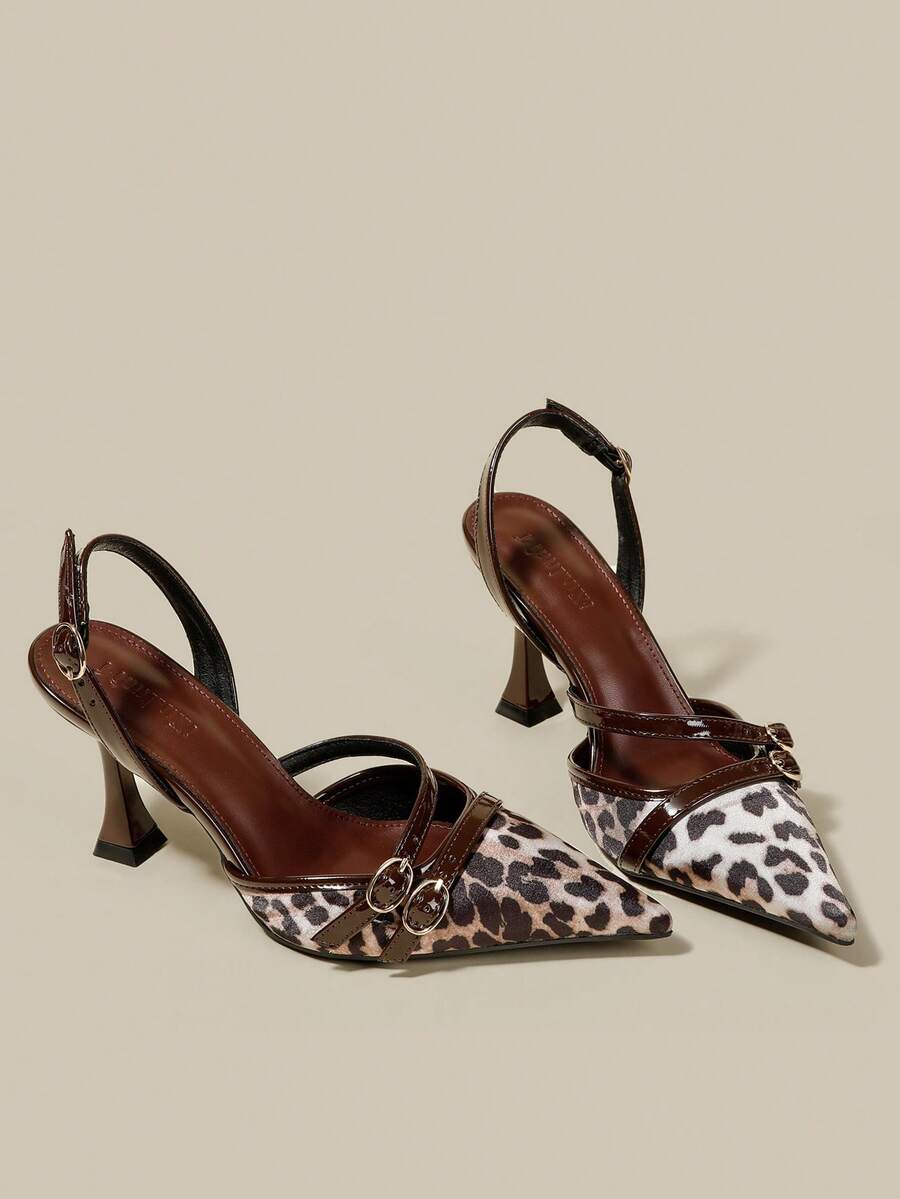 Women's coffee brown patent leather slingback pumps with pointed closed toe and sculpted wine glass high heel.