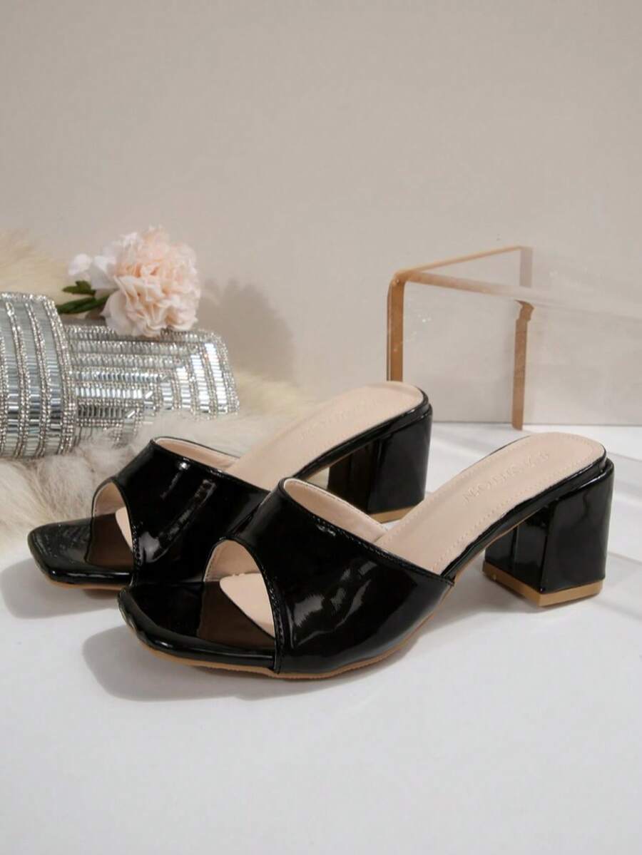 Women's open square toe slip-on high heel sandals with stiletto mid heel