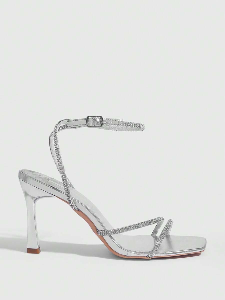 Champagne rhinestone square toe high heel sandals with open toe and ankle strap
