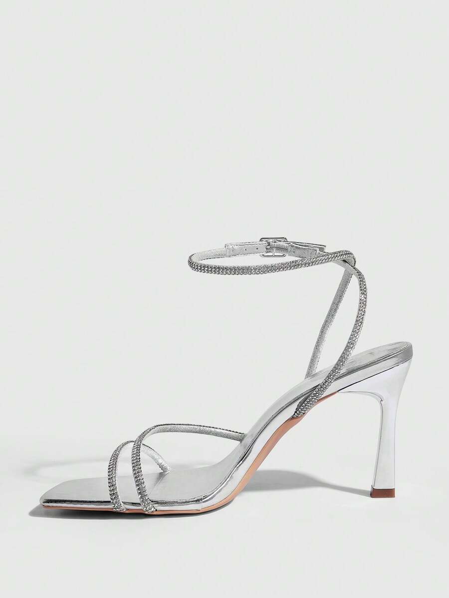 Champagne rhinestone square toe high heel sandals with open toe and ankle strap