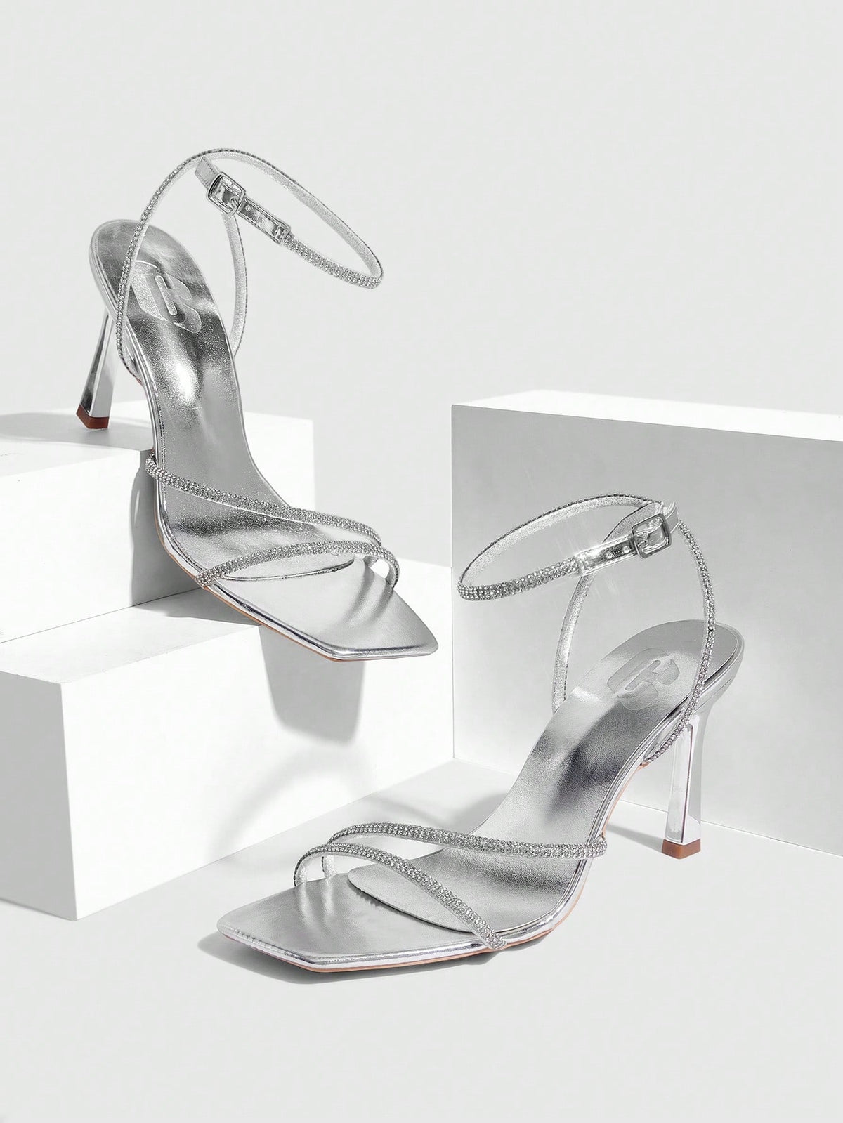 Champagne rhinestone square toe high heel sandals with open toe and ankle strap