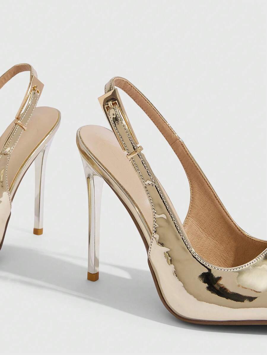 Pointed toe stiletto high heel evening party pumps featuring an ankle strap with buckle closure.