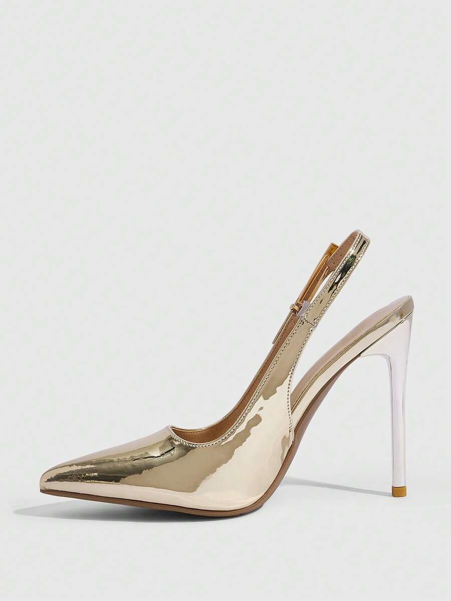 Pointed toe stiletto high heel evening party pumps featuring an ankle strap with buckle closure.
