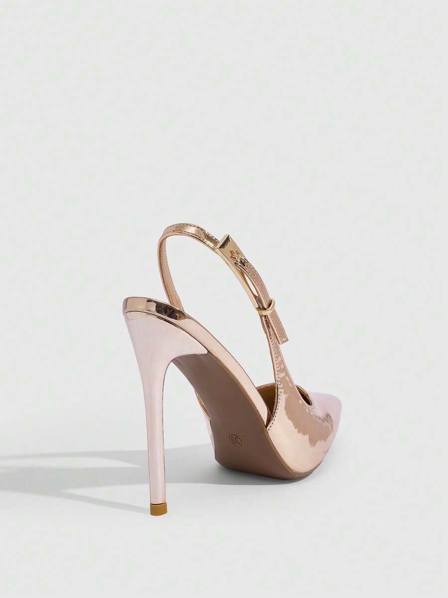 Pointed toe stiletto high heel evening party pumps featuring an ankle strap with buckle closure.