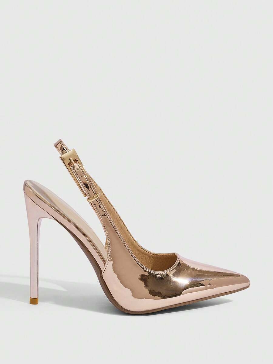 Pointed toe stiletto high heel evening party pumps featuring an ankle strap with buckle closure.