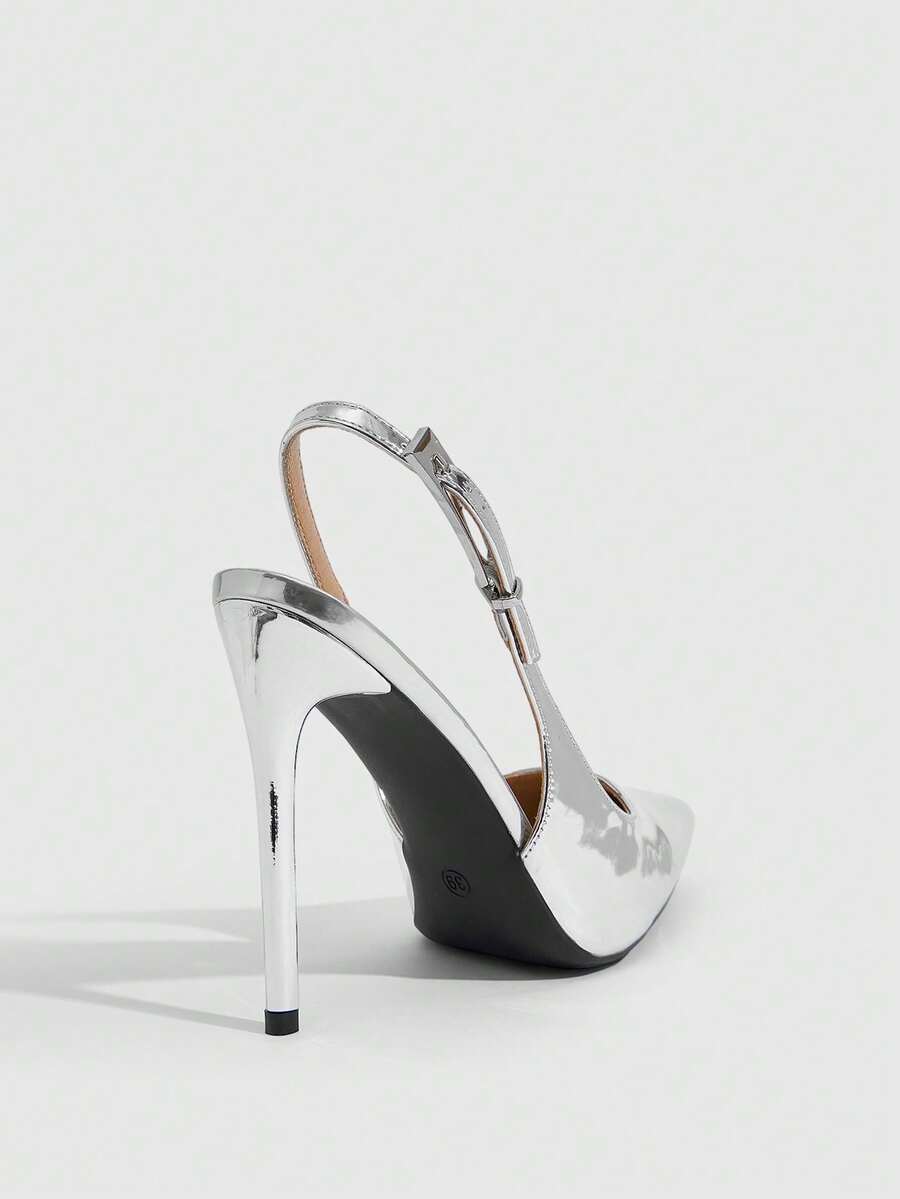 Pointed toe stiletto high heel evening party pumps featuring an ankle strap with buckle closure.