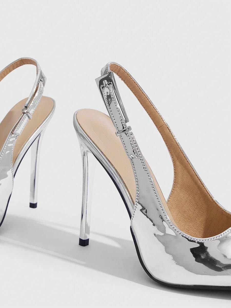 Pointed toe stiletto high heel evening party pumps featuring an ankle strap with buckle closure.