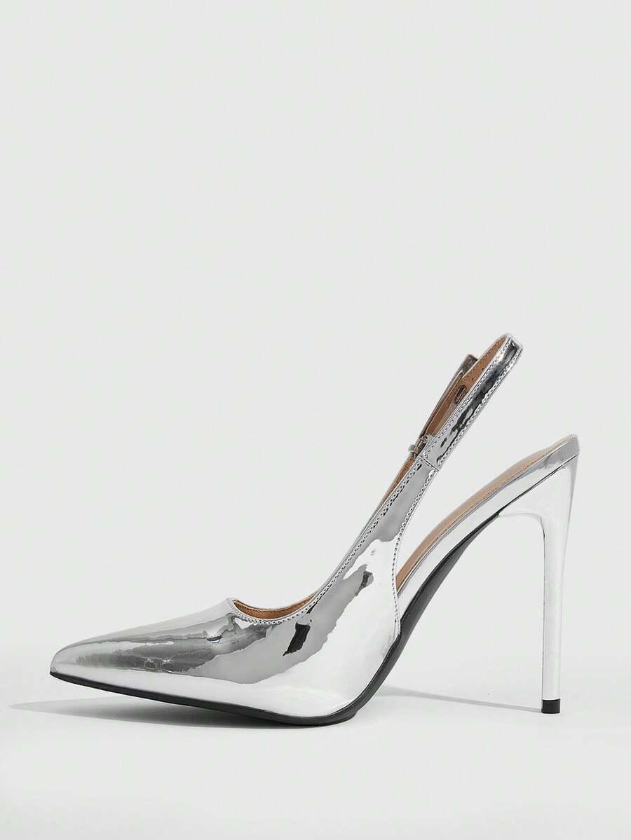 Pointed toe stiletto high heel evening party pumps featuring an ankle strap with buckle closure.