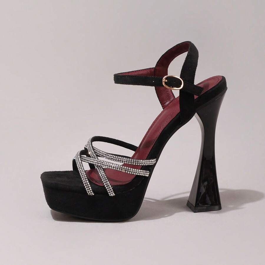 Lace embroidered open toe high heel sandals featuring a chunky square heel, platform wedge, and ankle strap buckle closure.