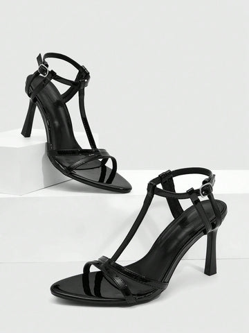 Milk apricot open toe high-heeled sandals with adjustable ankle buckle strap and stiletto heel for ladies.